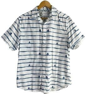 Porter & Ash Short Sleeve Button Down Shirt Blue Stripe Sailboat Print Cotton, L